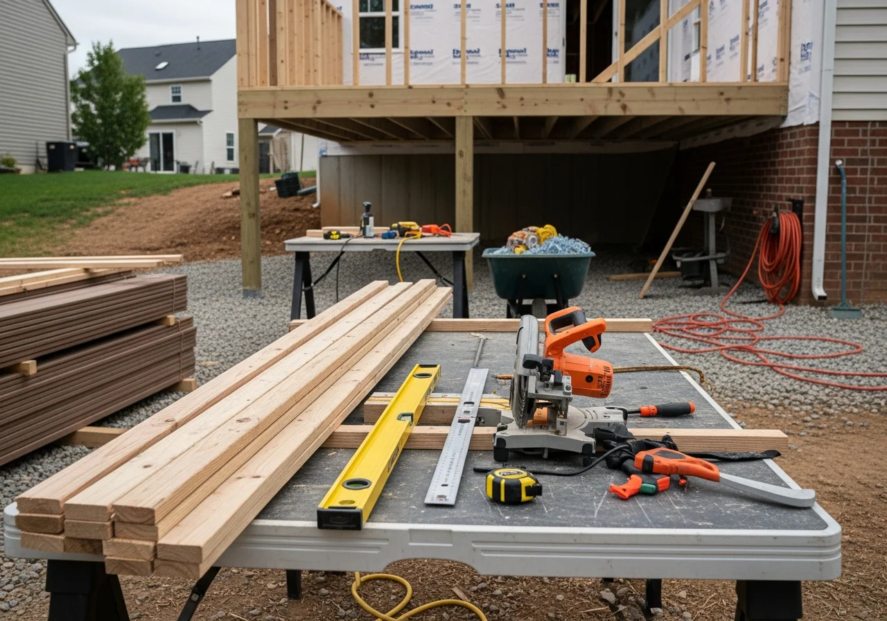Home improvement crew and tools on a residential construction site, showcasing deck and addition work in progress.