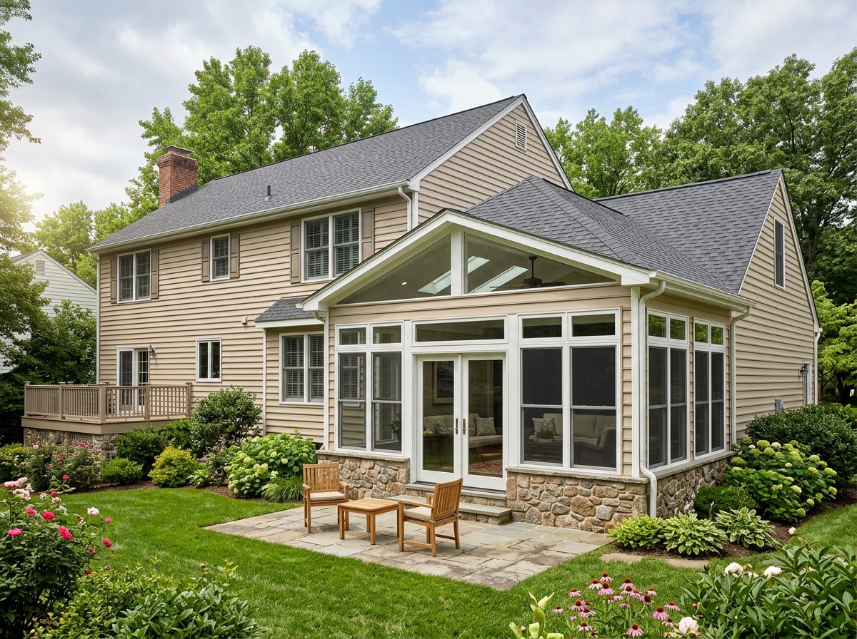 Custom Baltimore County sunroom addition matching the home's existing roofline and exterior materials