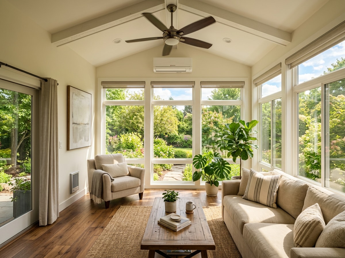 Interior view of an insulated four-season sunroom with HVAC integration in a Maryland home
