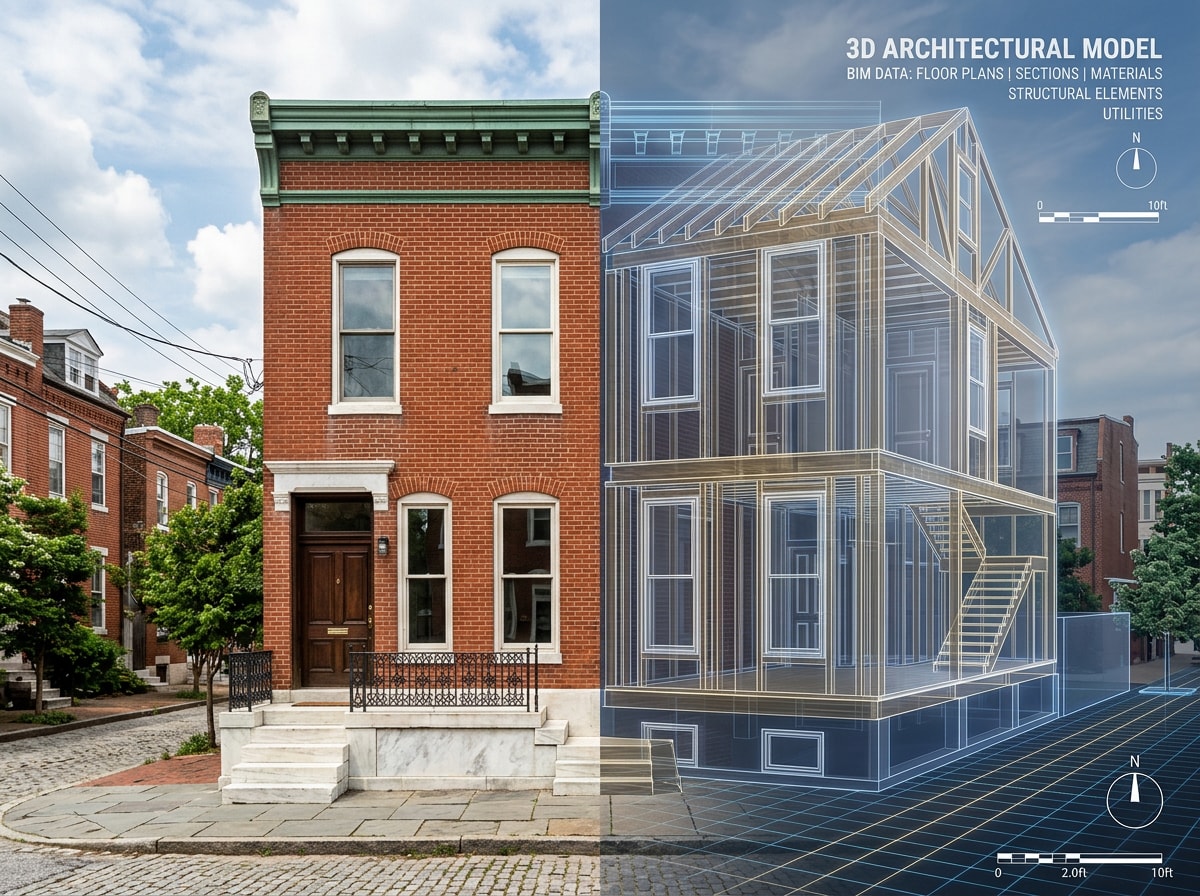 BIM model overlay of a Baltimore City rowhome addition project
