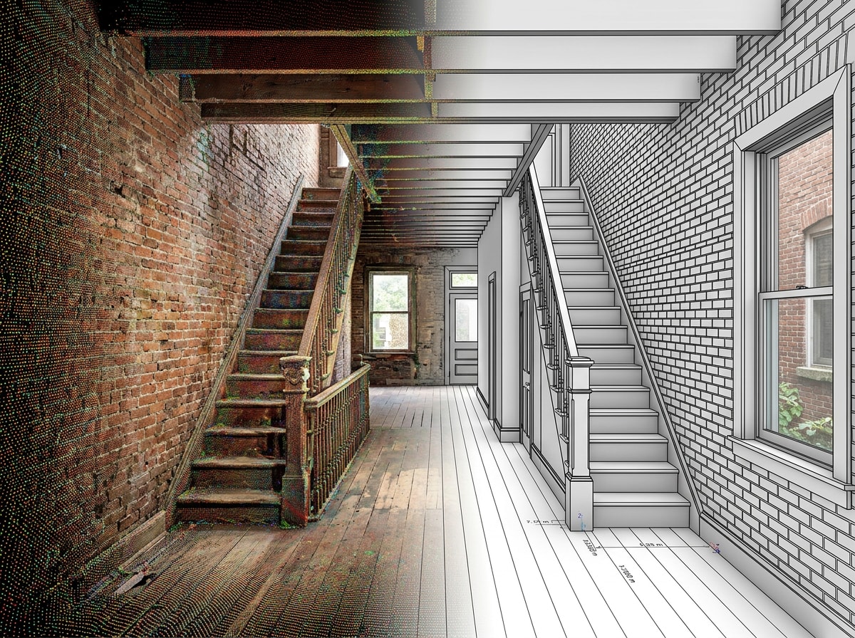 Point cloud scan converted into a detailed as-built BIM model of an existing rowhome