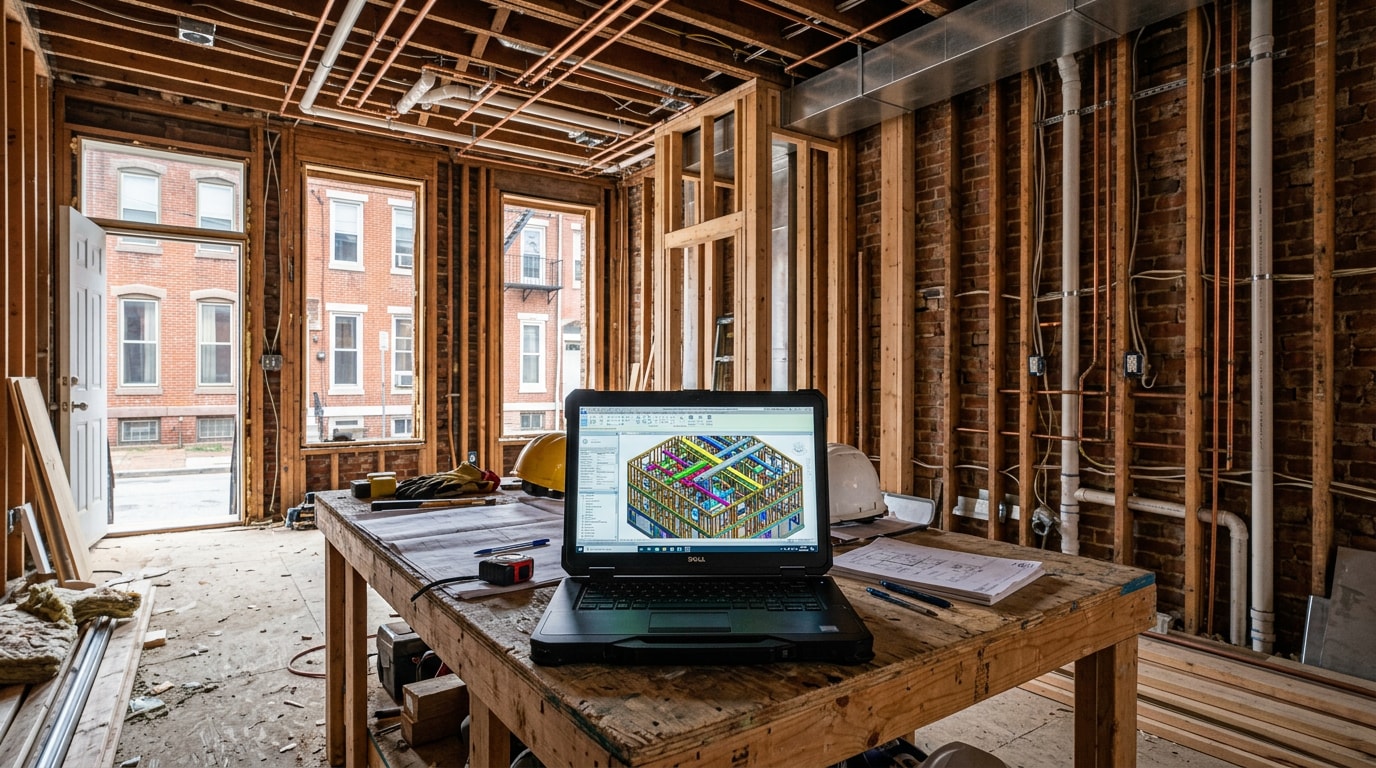 Baltimore City rowhome renovation site with a 3D building model displayed on a laptop