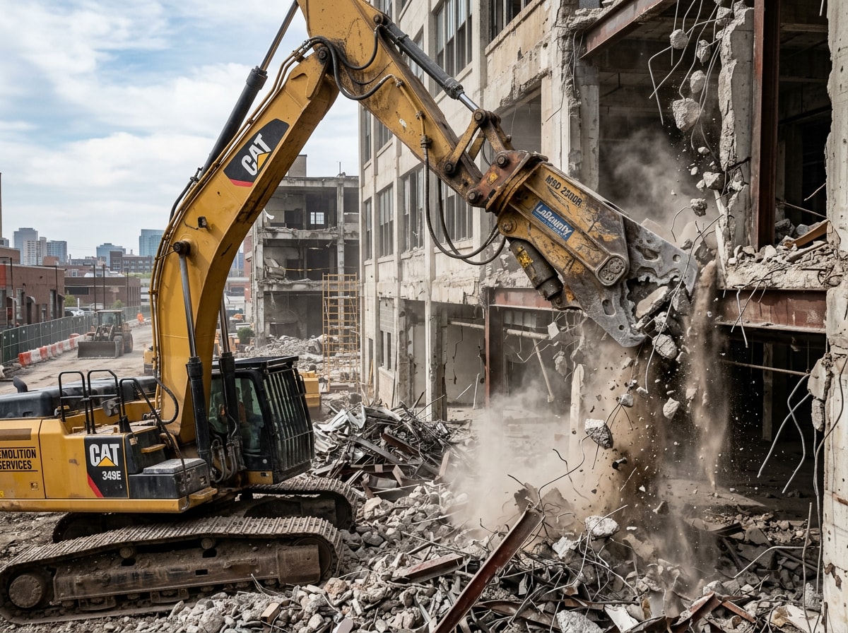 Crew operating heavy equipment during active commercial demolition in Baltimore City