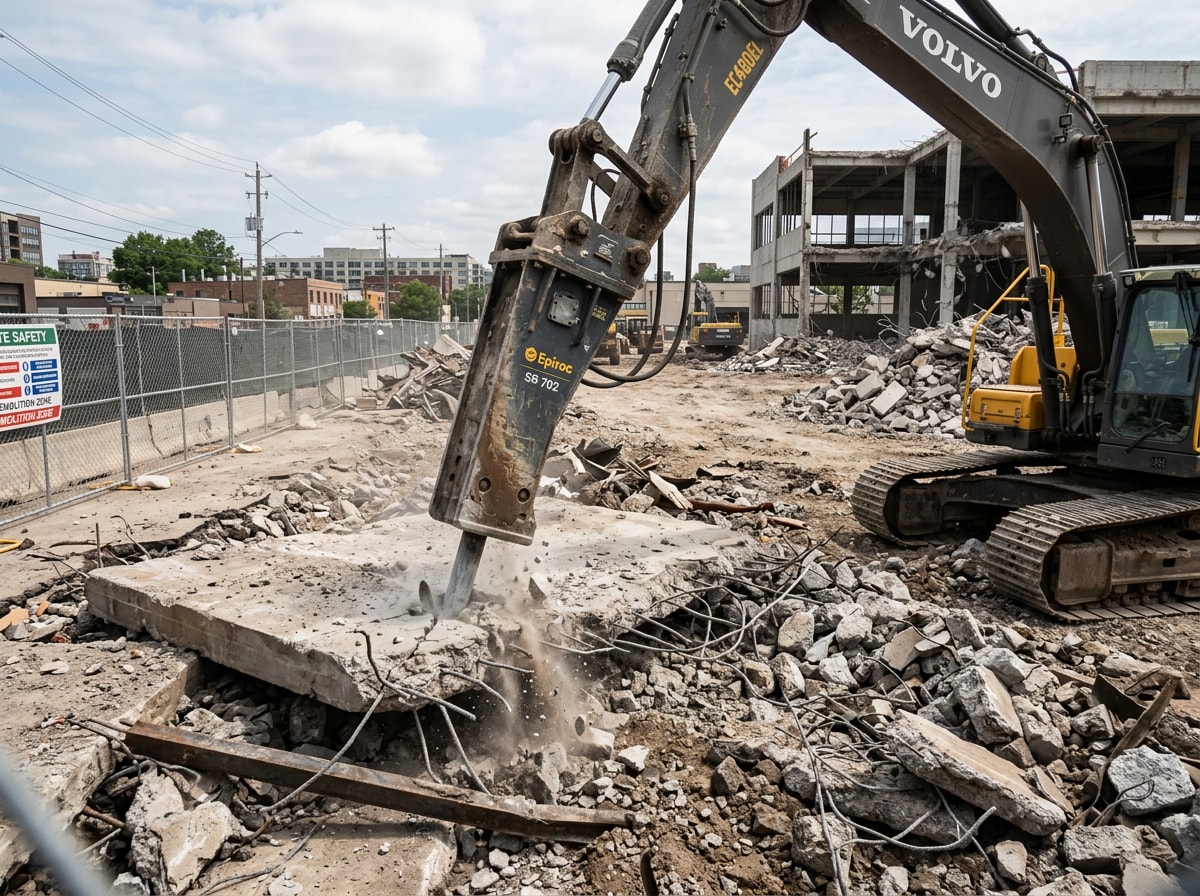 Demolition crew using heavy machinery and hydraulic breakers on a commercial job site