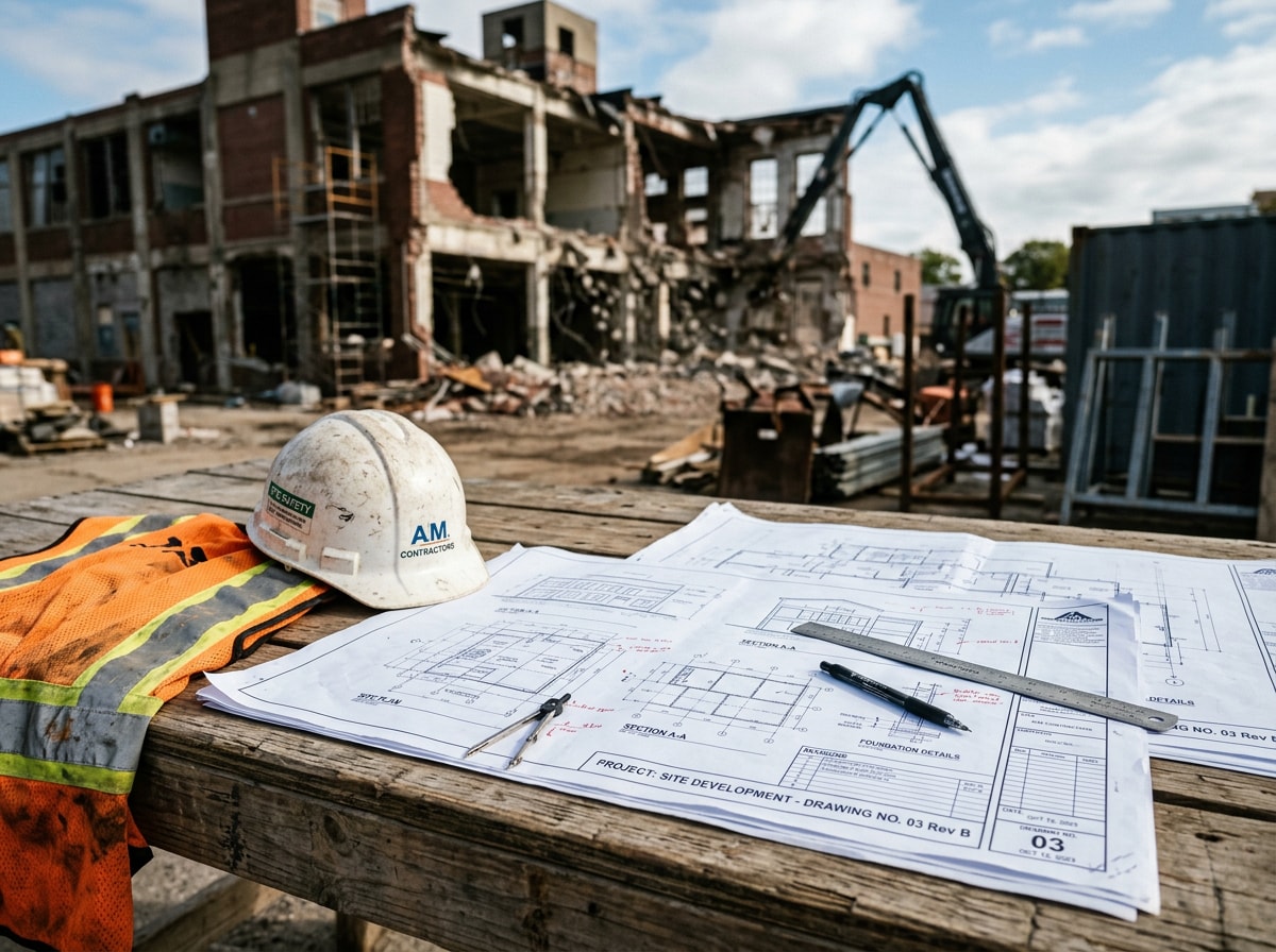 Demolition company representative reviewing site plans with a property owner