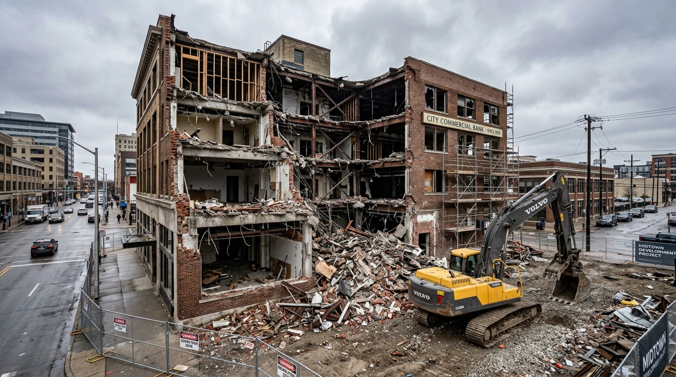Partially demolished commercial building with excavator on a Baltimore City job site Partially demolished commercial building with excavator on a Baltimore City job site