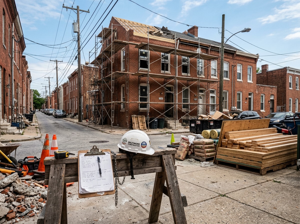 Baltimore City rowhome renovation jobsite with scaffolding and staged materials