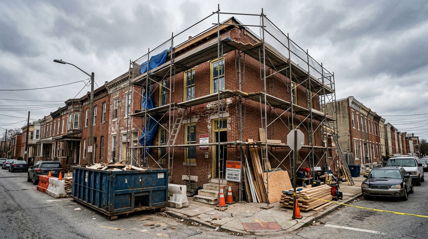 Baltimore City rowhome renovation site with scaffolding and staged materials