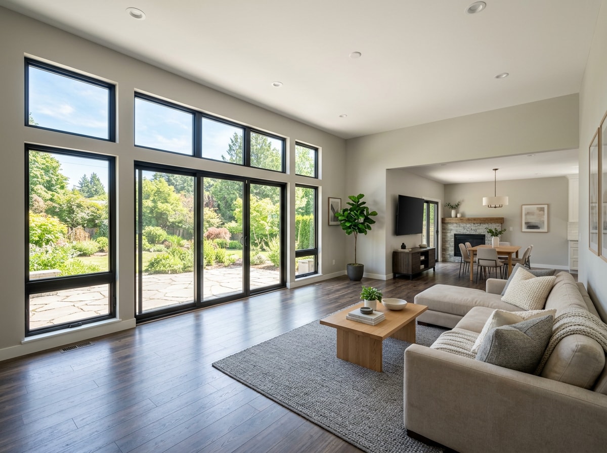 Finished interior of a family room addition with large windows and an open layout