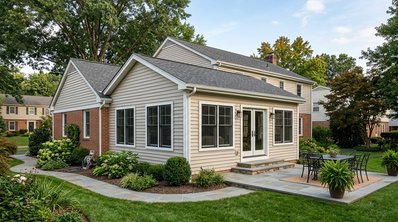 Finished family room addition with matching siding and roofline on a Maryland home