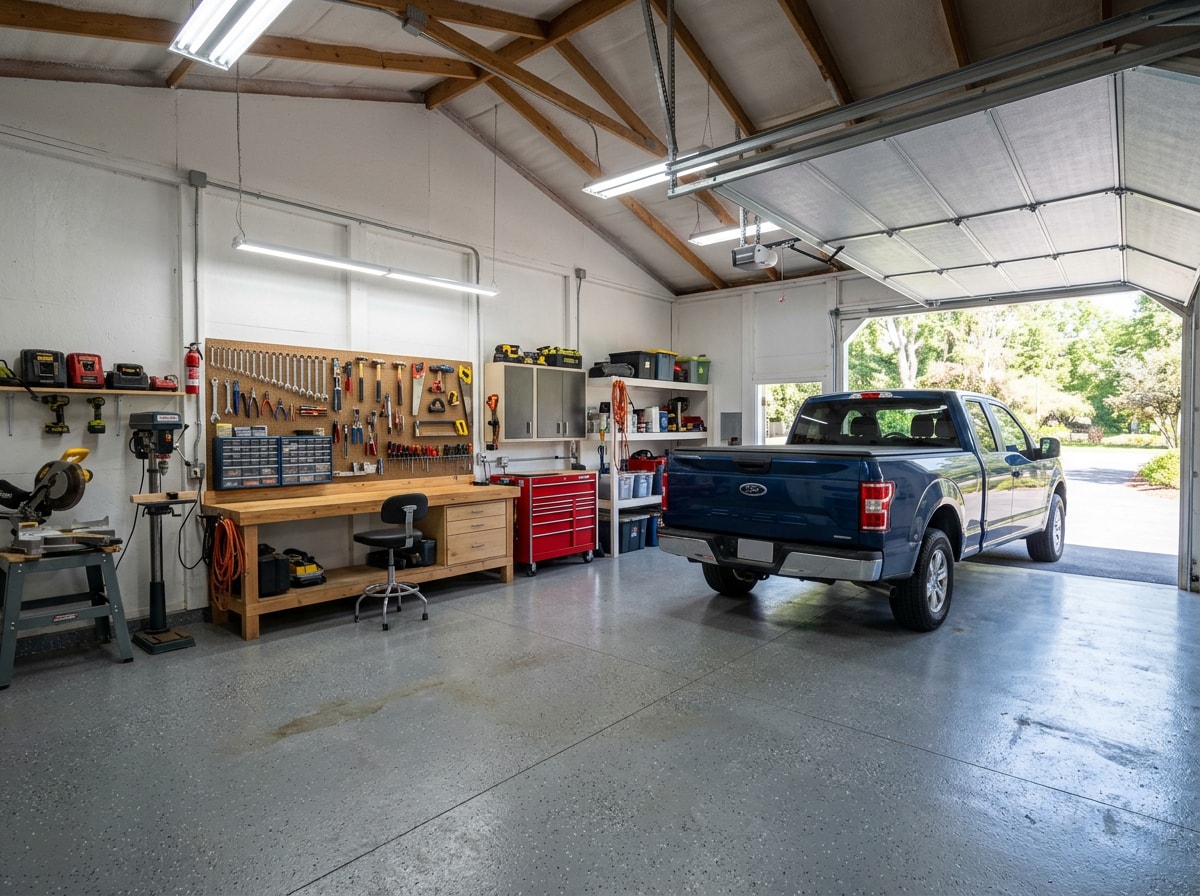 finished detached garage interior with insulated walls, overhead doors, and workshop space in Cecil County MD