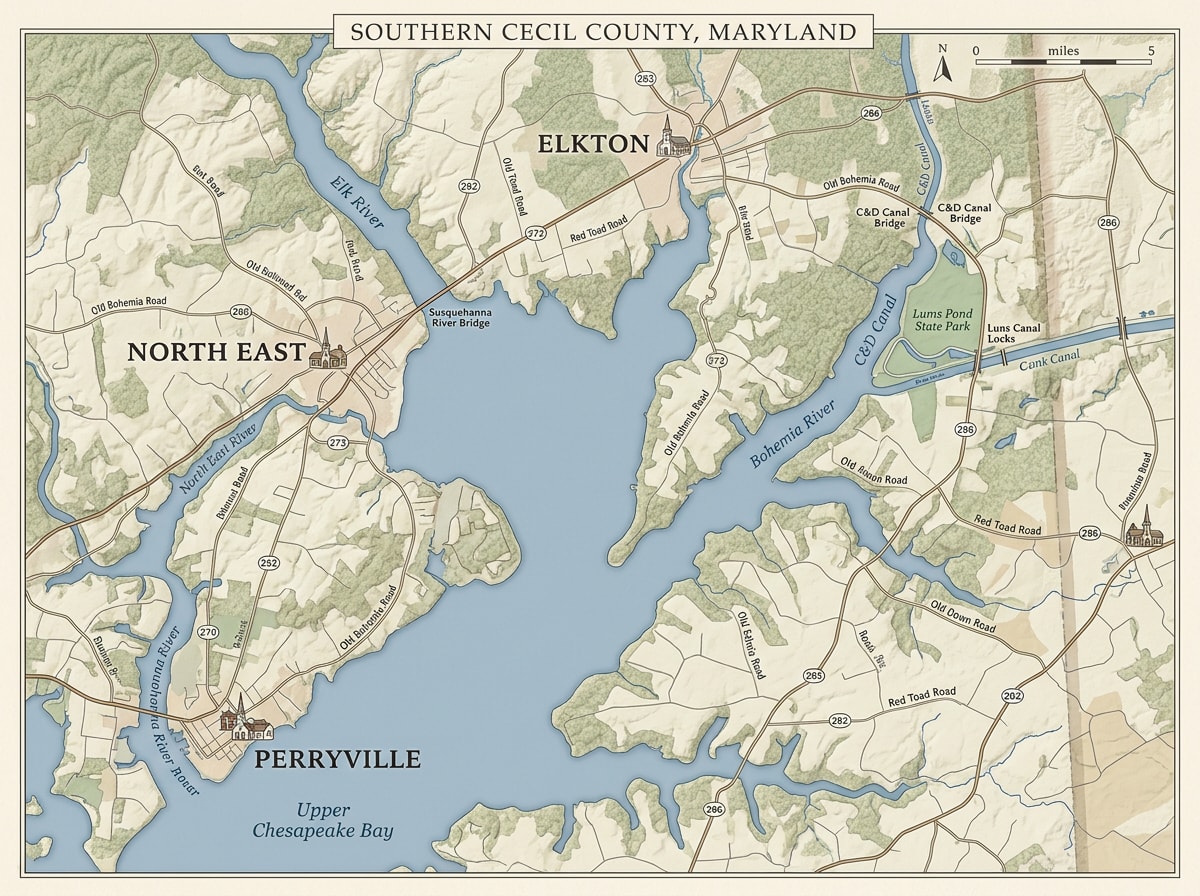 map of southern Cecil County MD communities served by local garage builders including Elkton, North East, and Perryville