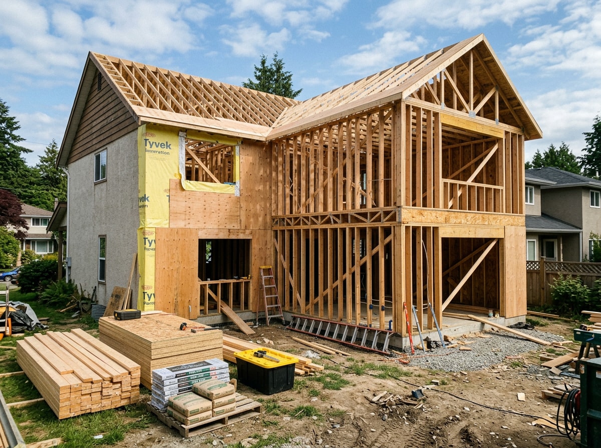 Wood-framed home addition under construction in Baltimore County