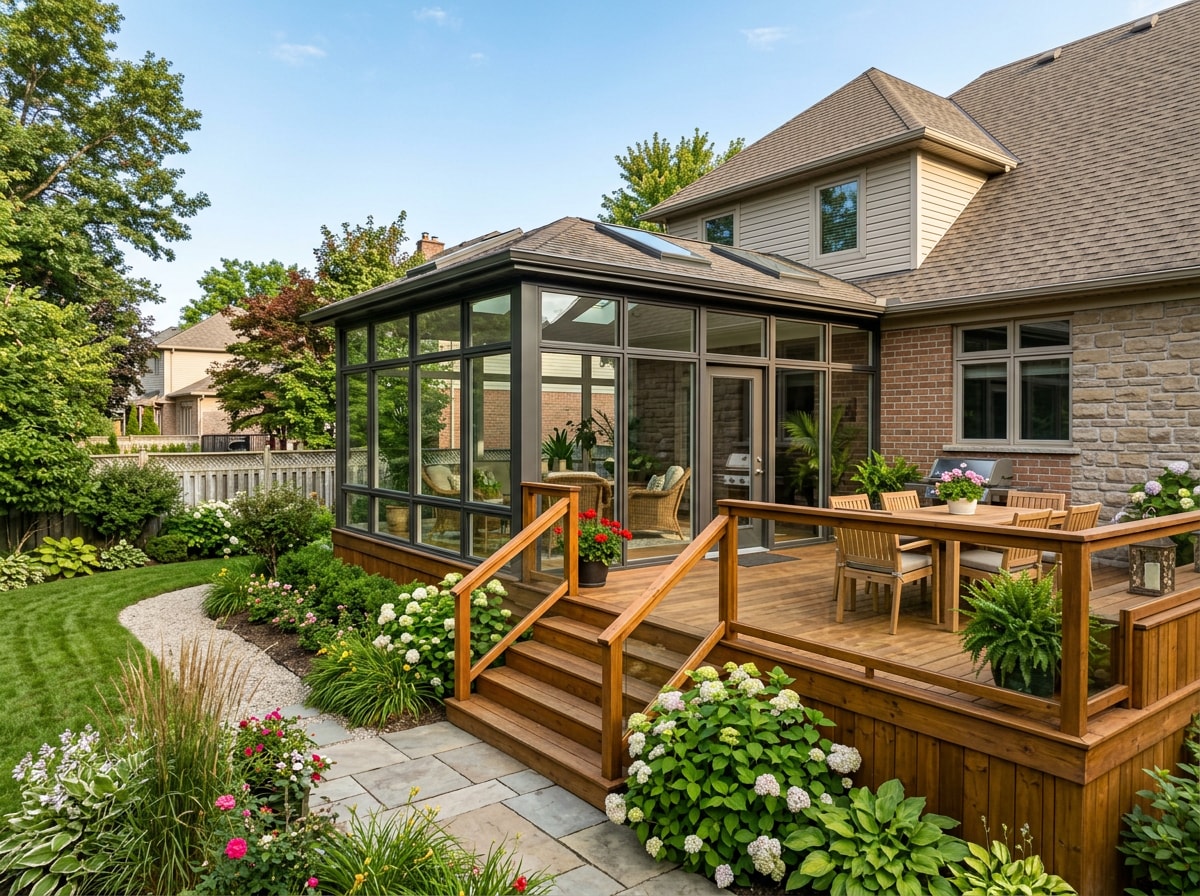 Finished wood-framed deck and sunroom addition on a Baltimore County home