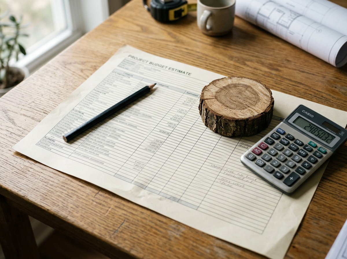 Sample log cabin home budget breakdown showing nine line items from land to mechanicals