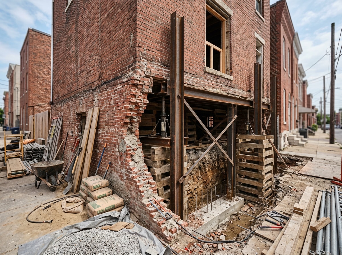Baltimore City rowhome mid-renovation showing exposed brick and structural repair work