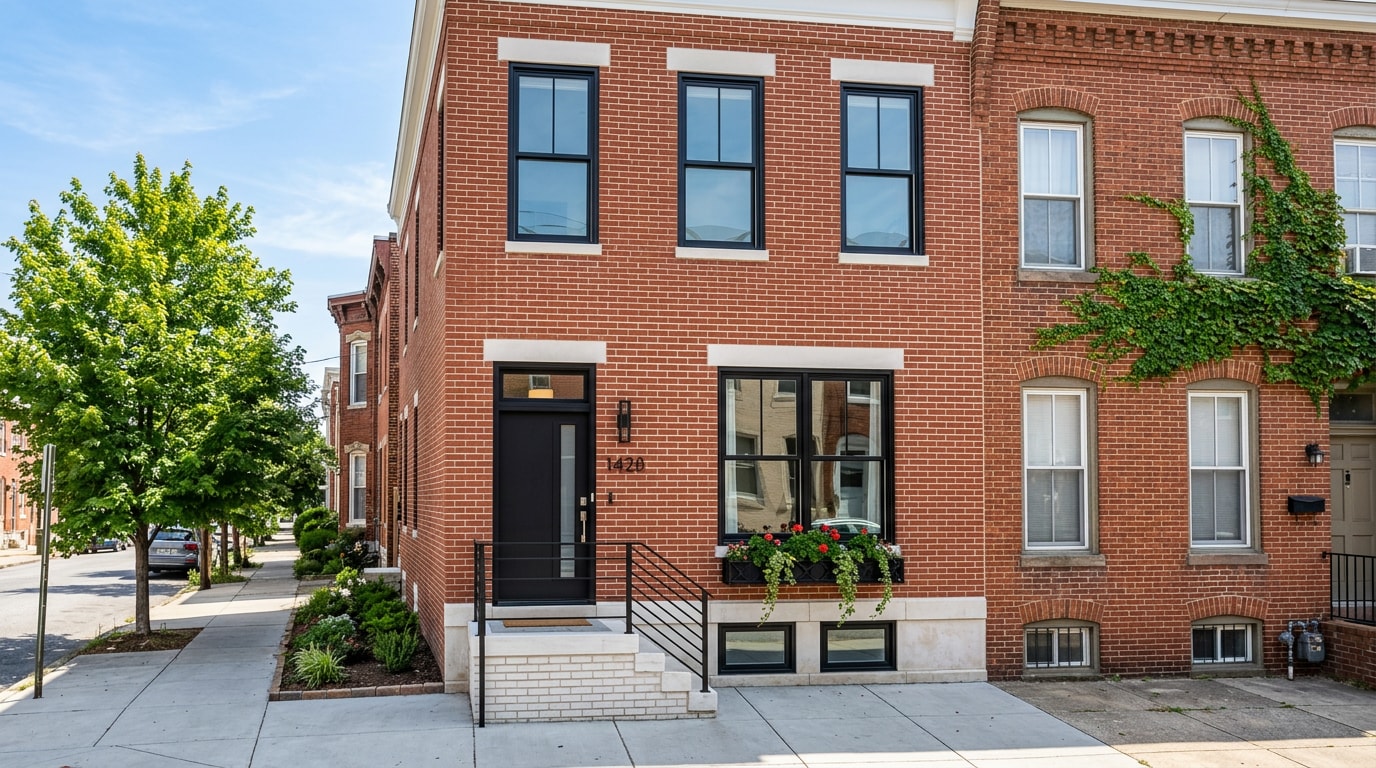 Renovated Baltimore City rowhome exterior representing residential development work