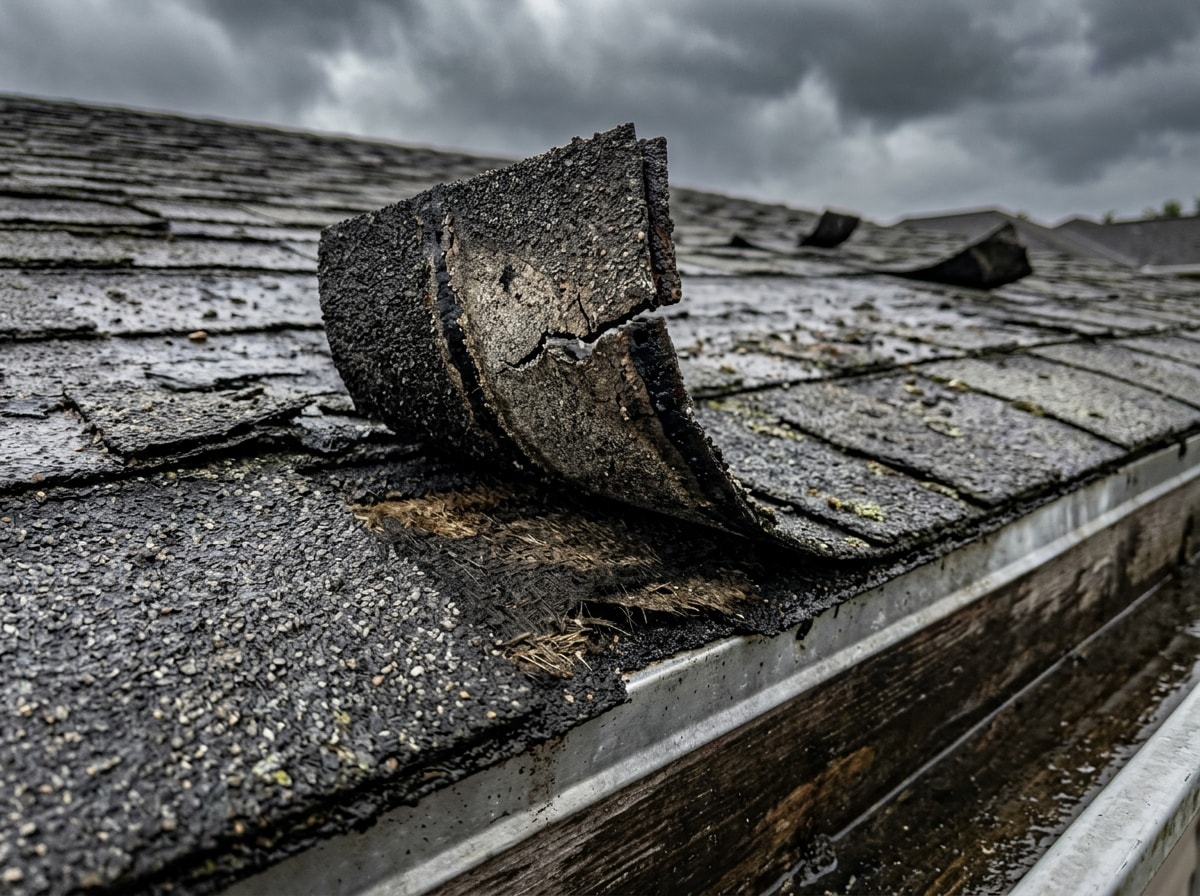 Close-up of wind-lifted shingles and granule loss near a roof edge