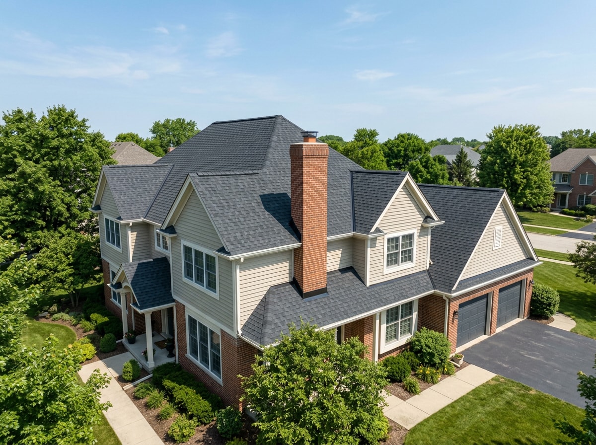 Finished architectural shingle roof on a two-story home with clean ridge vents