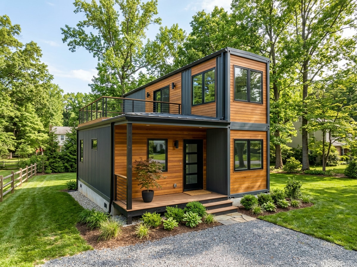 Finished shipping container home exterior with siding and deck in a suburban Maryland setting