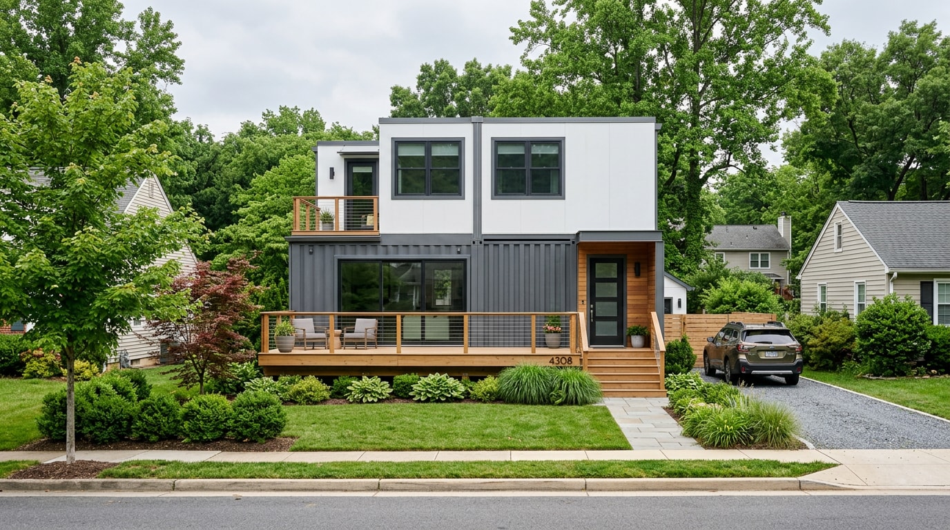 Finished shipping container home exterior in a Baltimore County, MD neighborhood Finished shipping container home exterior in a Baltimore County, MD neighborhood