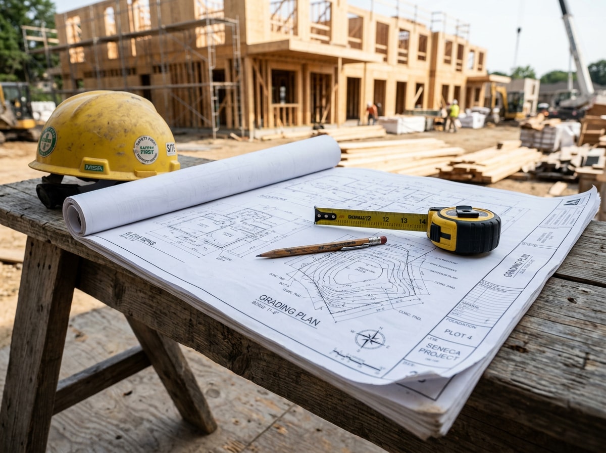 Construction site foreman reviewing blueprints at a Baltimore County jobsite