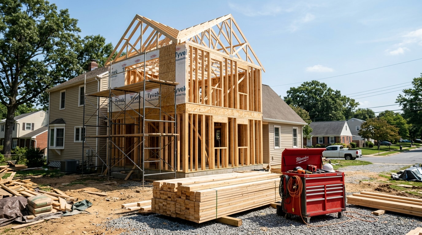 Residential construction jobsite in Baltimore County, MD with framing and scaffolding
