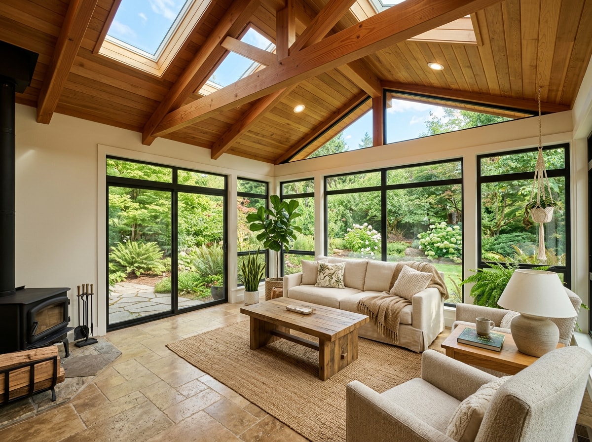 Insulated four-season sunroom interior with large windows and natural light
