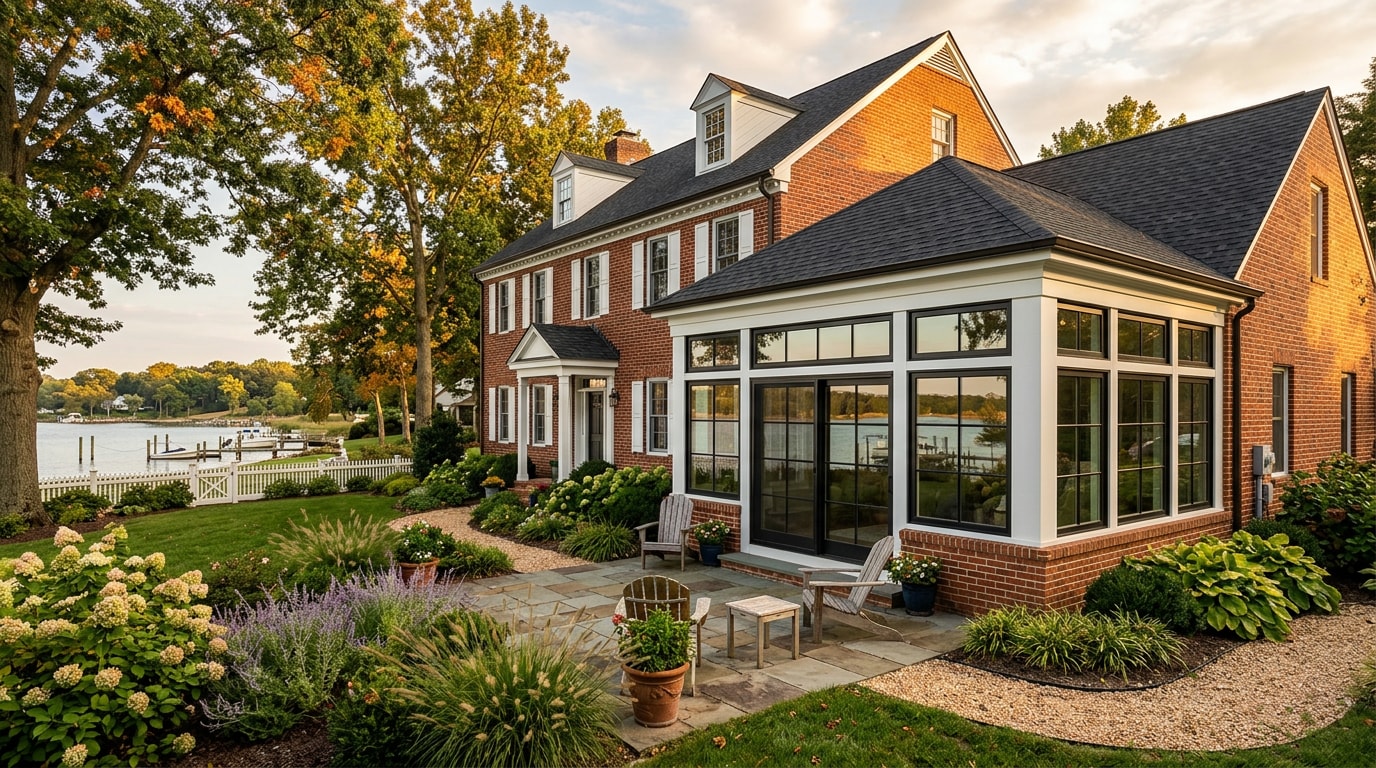 Sunroom attached to house exterior in Southern Cecil County, Maryland