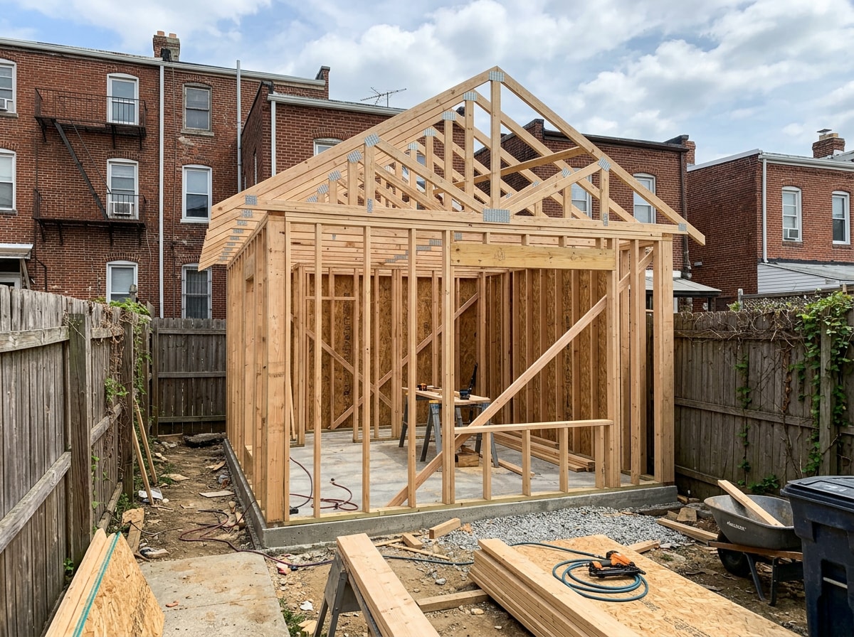 Foundation-built tiny home ADU framed with visible wall studs and roof trusses in a Baltimore City rowhouse backyard