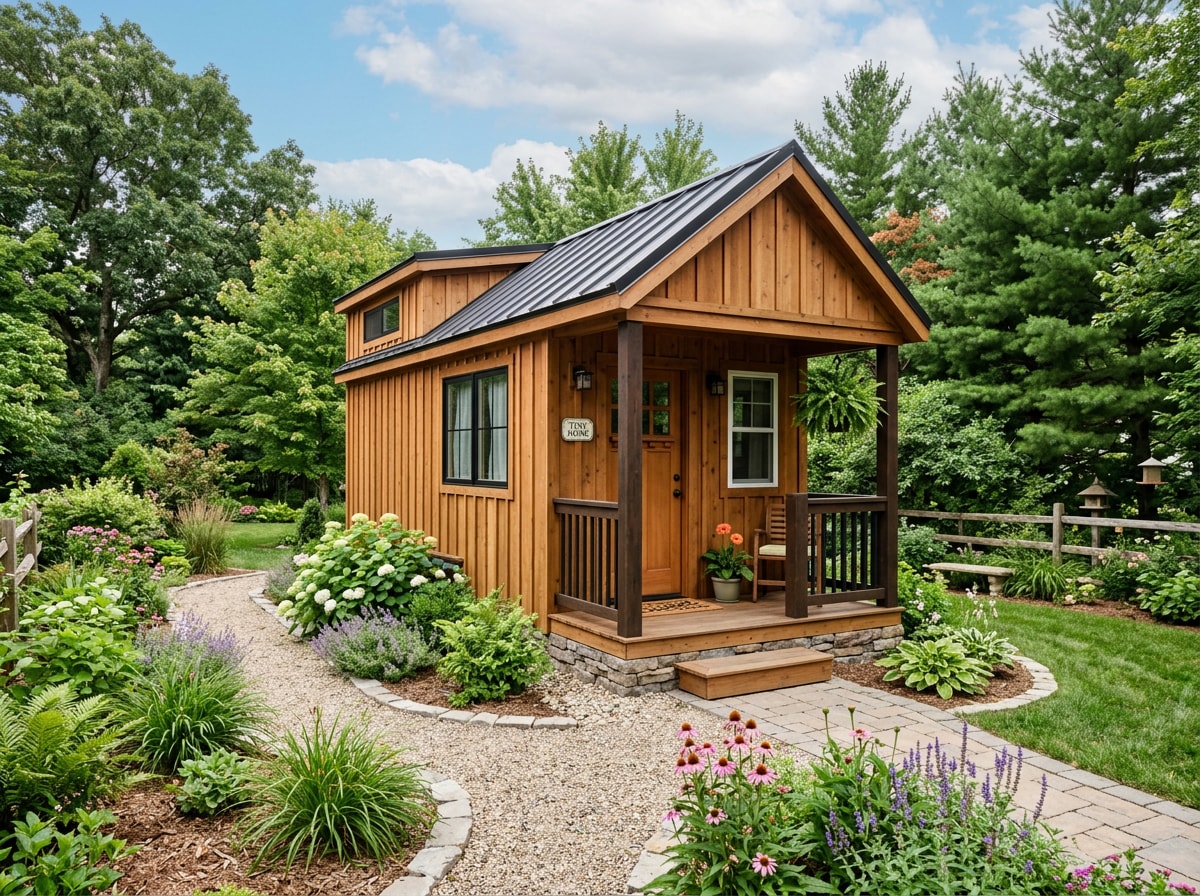 Completed small detached tiny home with cedar siding and covered porch in a finished Baltimore backyard