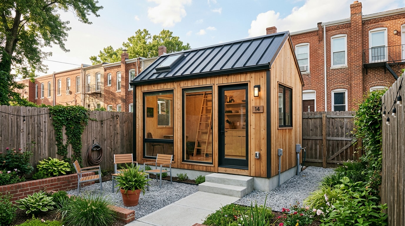 Modern tiny home with wood siding on a foundation in a Baltimore City backyard