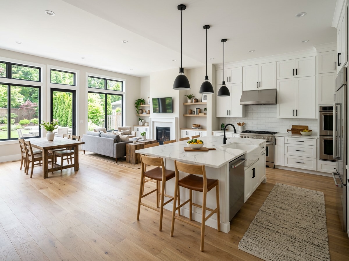 Completed whole home remodel in Harford County, MD showing updated kitchen and open living space