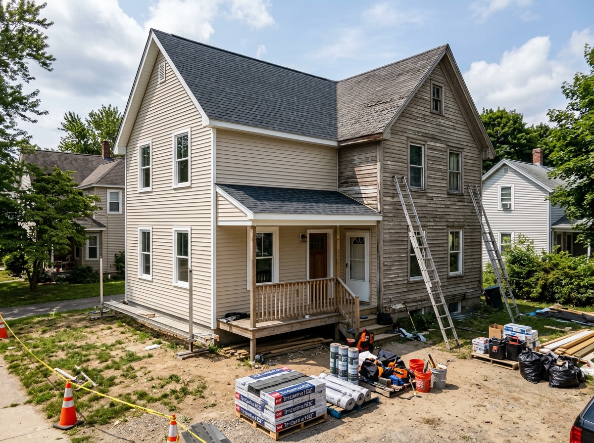 Harford County home mid-remodel with new siding and roofing installation