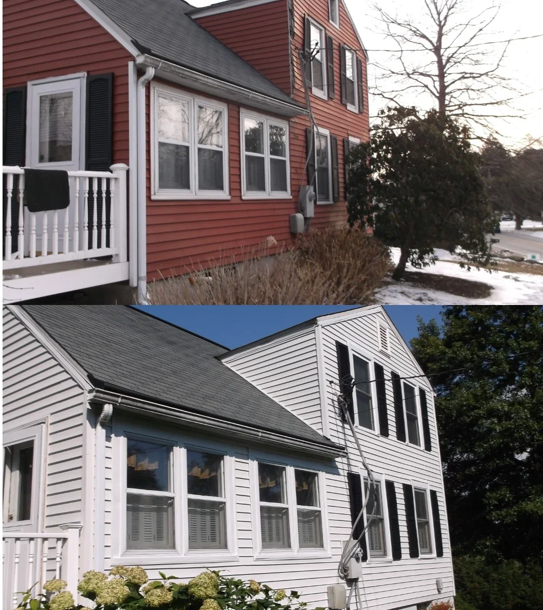Vinyl siding and replacement windows on residential home exterior with white trim and railings