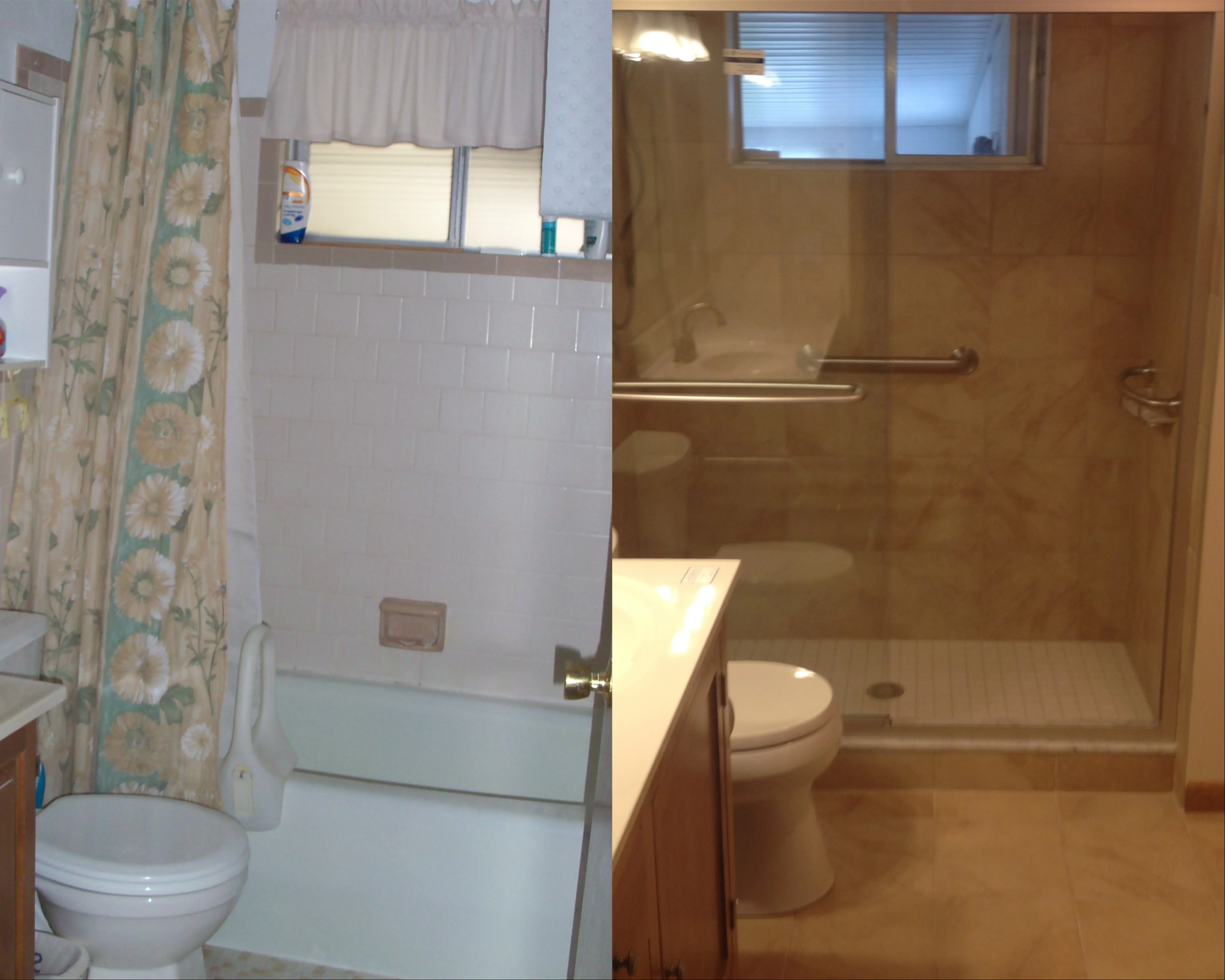 Bathroom with frameless glass shower enclosure, white subway tile, and wood vanity cabinetry