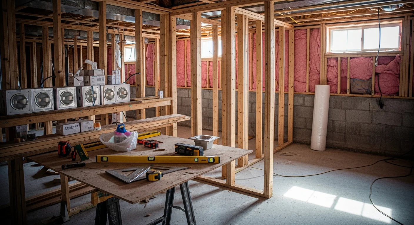 A finished basement in a Harford County, Maryland home featuring framed drywall walls, recessed lighting, and hard-surface flooring in a family room layout. The space was completed by LPHomes Inc as part of a full basement finishing project.
