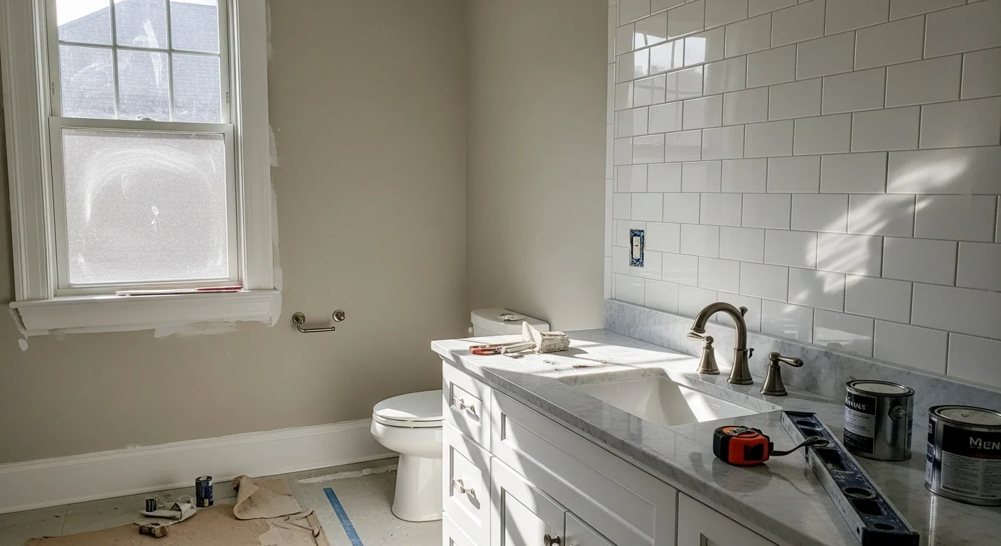 A remodeled bathroom in a Harford County, MD home showing a walk-in tile shower, updated vanity with storage, and modern lighting. The finished space reflects a full bathroom renovation completed by LPHomes Inc.