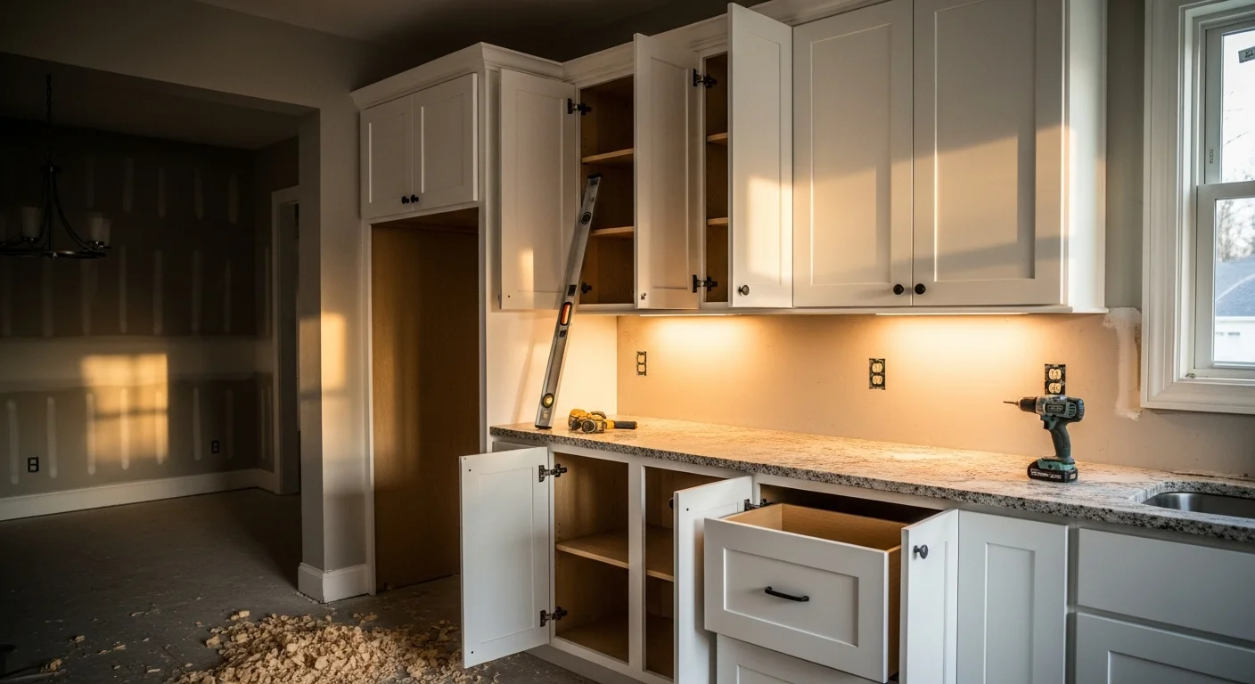 Newly installed custom wood kitchen cabinets with consistent hardware in a single-family home in Harford County, Maryland. Floor-to-ceiling cabinet layout with open upper shelving and closed lower storage along a freshly painted kitchen wall.