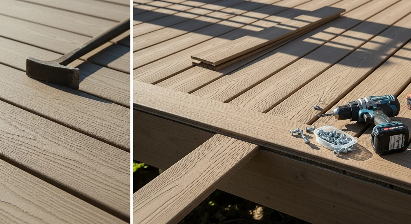 A repaired residential deck in Harford County, MD showing replaced boards and secured railings on a single-family home backyard. Close-up view of flush, even decking surface with no visible rot or lifted fasteners.