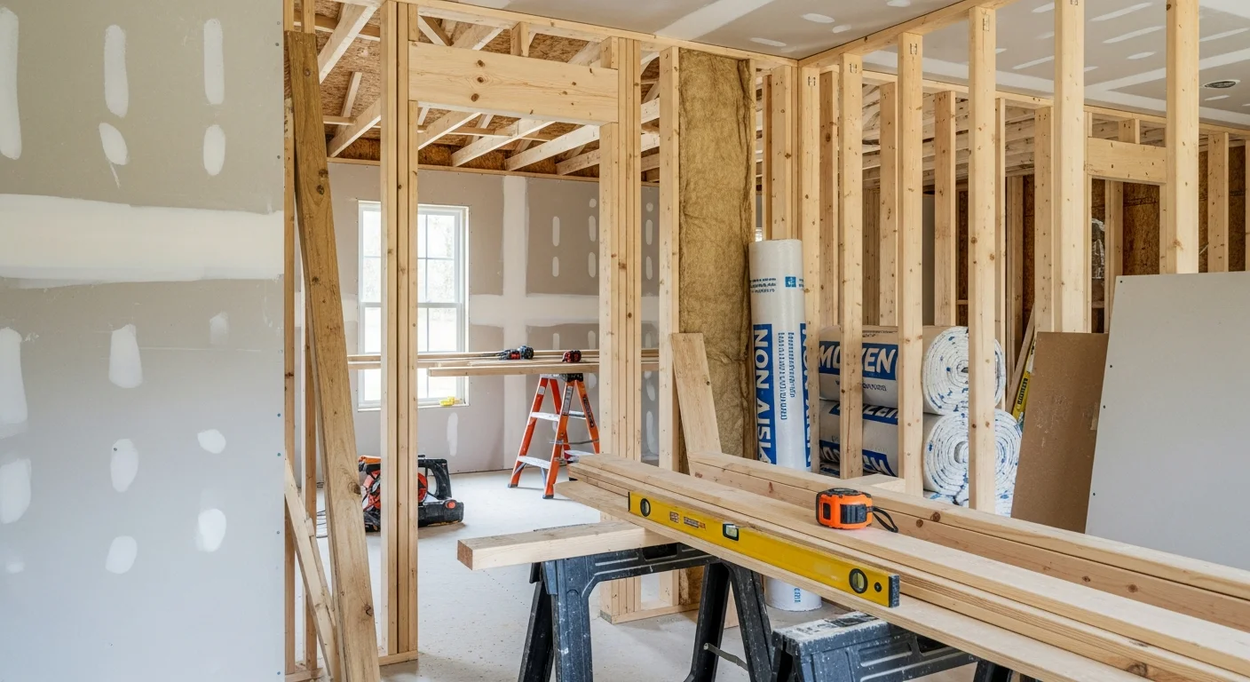 A fully remodeled open-concept interior of a Harford County home showing a renovated kitchen flowing into a updated living area with new flooring and fresh trim work. The space reflects a complete general contractor remodel with clean finishes throughout.