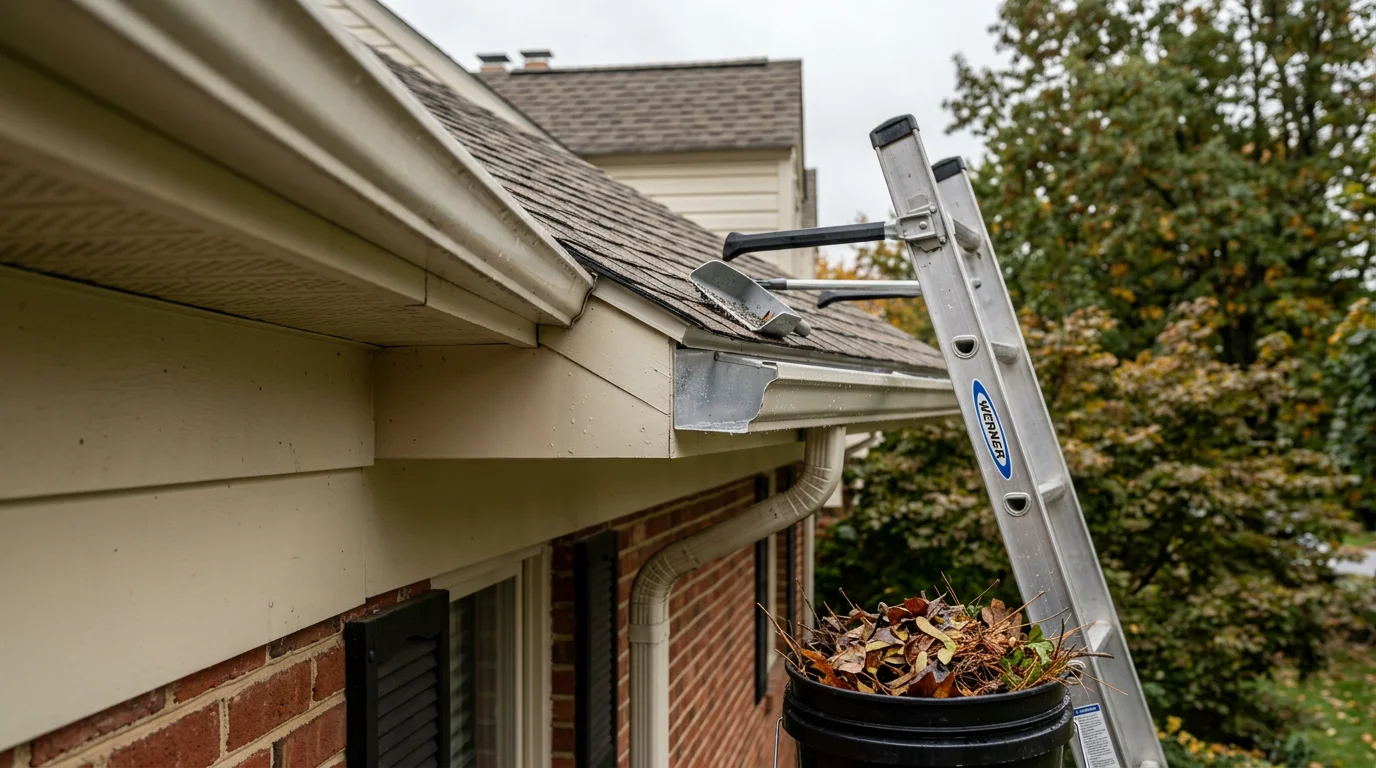 A contractor removing packed leaf debris and dirt from a residential gutter on a single-family home in Harford County, Maryland. The downspout is clear and water is flowing freely away from the foundation.