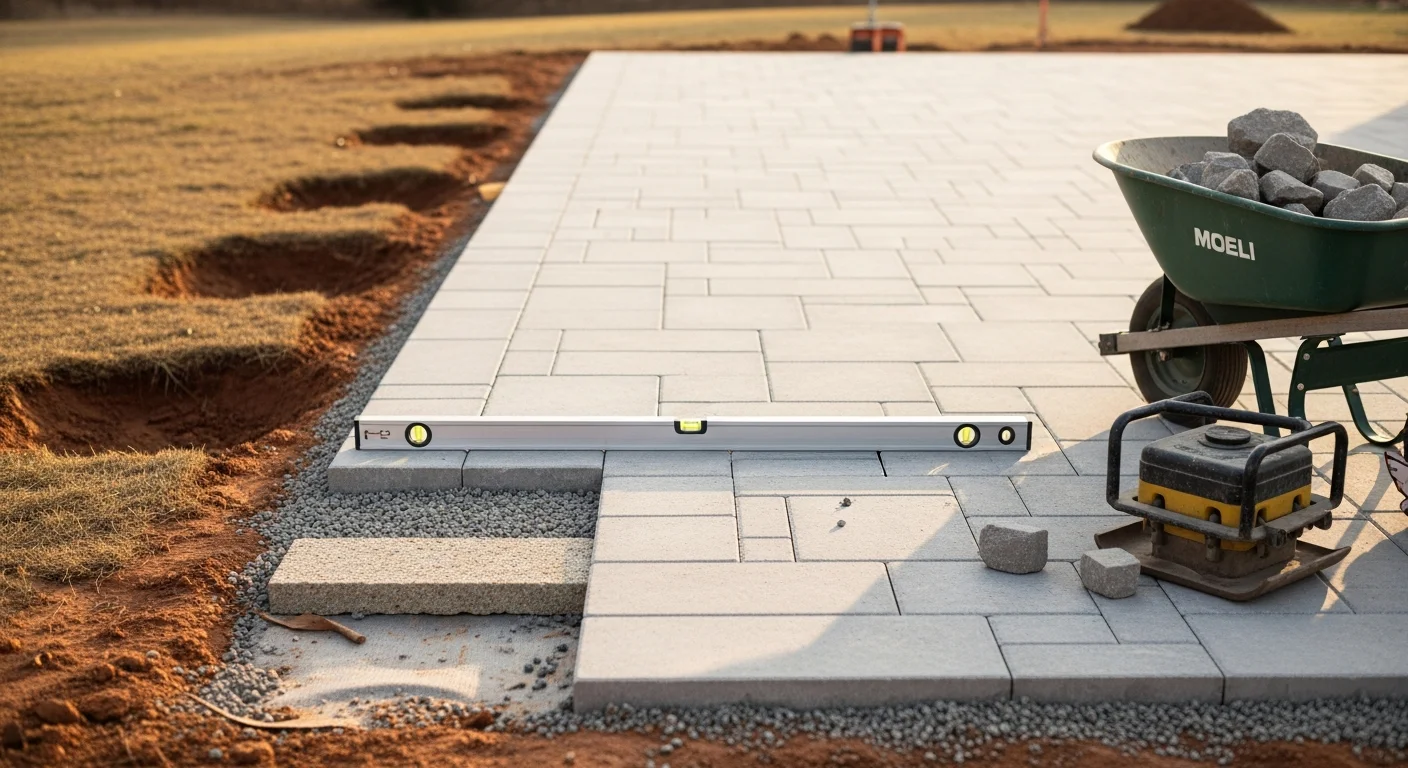 A finished paver patio and retaining wall installed by LPHomes Inc at a residential property in Harford County, Maryland. The multi-level hardscape includes a seating area and walkway on a graded backyard lot.