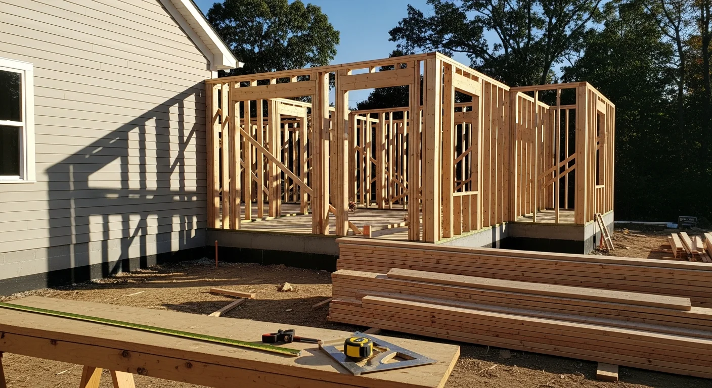 A completed single-story room addition attached to a single-family home in Harford County, Maryland, with new siding and roofline matched to the existing structure. The addition extends the rear of the home and includes a window facing the backyard.
