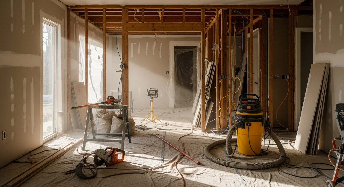 Interior demolition in progress inside a Harford County, MD home, with drywall removed from framed walls and debris staged for removal. A cleared residential room ready for renovation following a full wall and ceiling strip-out by a general contractor.