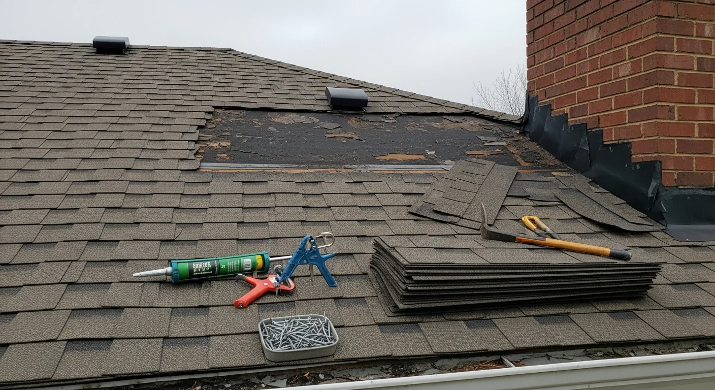 A roofing crew from LPHomes Inc repairing damaged shingles on a residential home in Harford County, Maryland. Close-up view of the repaired roof section showing replaced shingles and sealed flashing on a pitched roof.