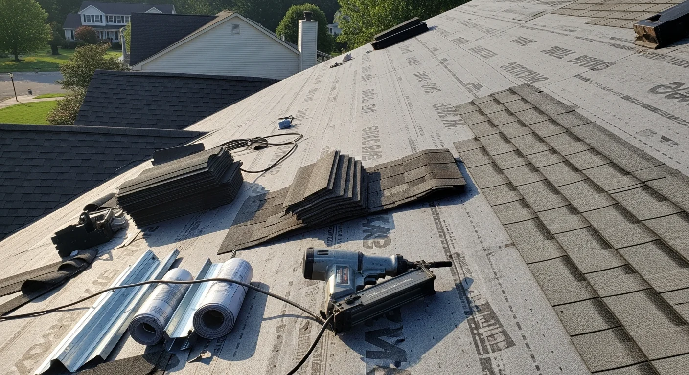 A completed residential roof replacement on a single-family home in Harford County, Maryland, showing a clean roofline with new shingles and finished ridge cap. The surrounding yard is clear of debris following the installation.