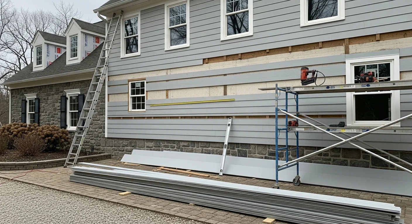 Newly installed exterior siding on a two-story colonial home in Harford County, MD, showing clean panel lines and finished trim around windows. The completed installation reflects a well-protected exterior typical of residential neighborhoods across the county.