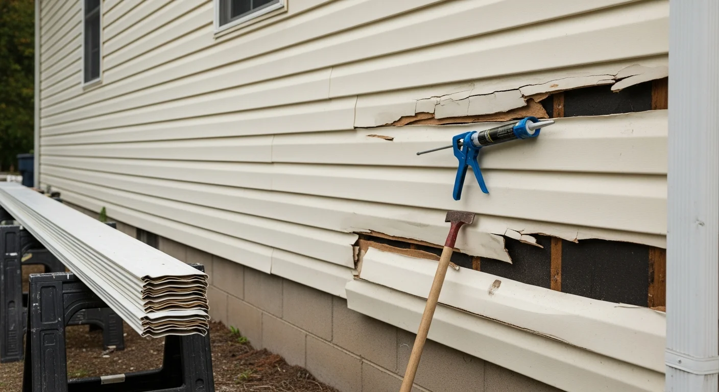 A Harford County residential home exterior showing freshly repaired siding panels with clean seams and no visible cracking or warping. The repair work blends with the surrounding original siding along the front wall of the house.